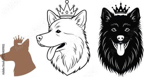 Dog portraits with crowns vector illustration set design