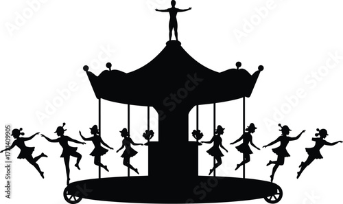 Carousel silhouette with dancing girls, carnival amusement ride, vintage fairground attraction, entertainment illustration, funfair performance, artistic vector design