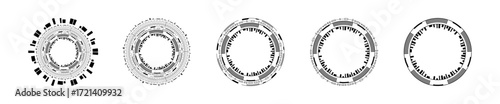 A collection of intricate circular frames showcasing futuristic design elements in monochrome style.