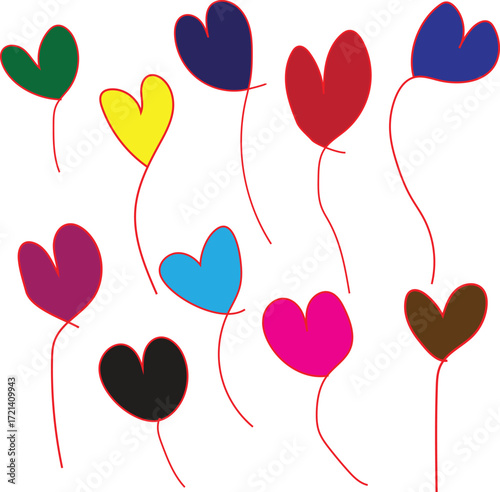Colorful heart shaped flowers floating upwards in a whimsical artistic style