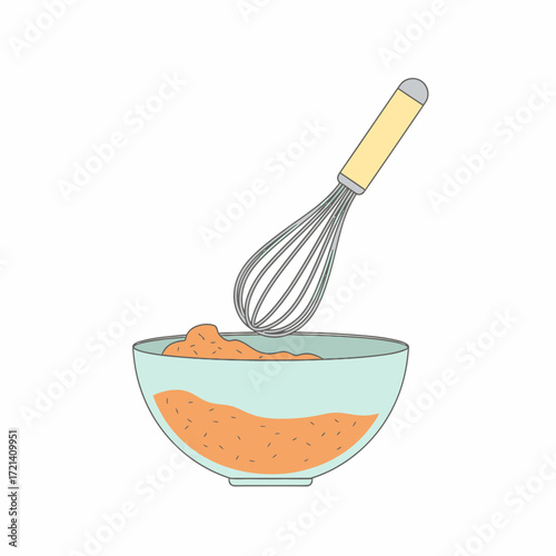 Wire whisk mixing ingredients in a clear glass bowl illustration.
