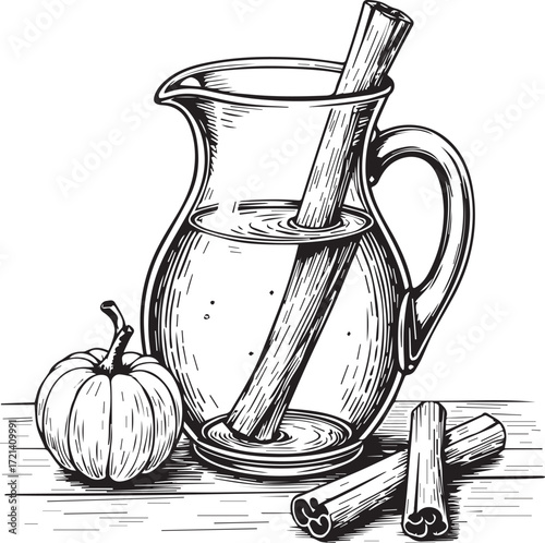 Autumn Spiced Drink: A beautifully rendered illustration depicts a pitcher of infused beverage. Featuring a blend of autumn flavors with a delicate pumpkin and cinnamon sticks.