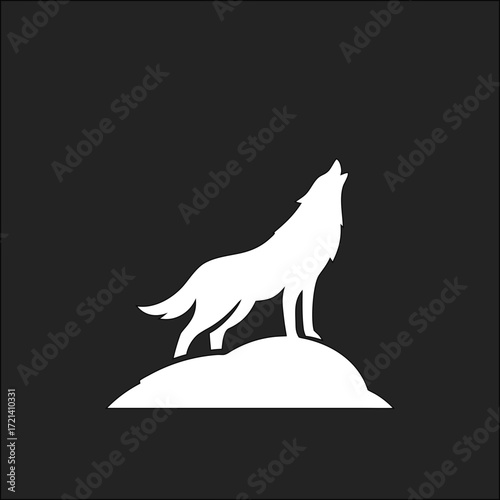 Wild wolf vector drawing on rock, howling in silhouette style, black background design ideal for sports team mascots, logos, and tribal tattoos.