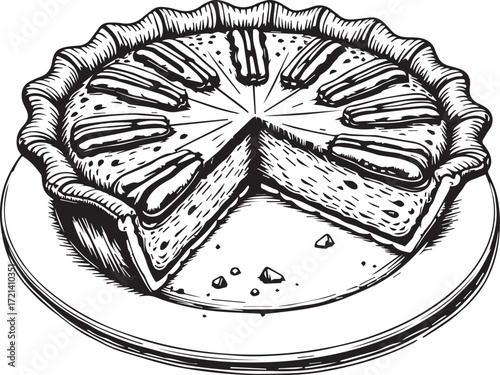 Delectable Pecan Pie Delight: A mouthwatering pecan pie, artfully presented on a plate with a slice removed, tempting viewers with its irresistible flavors and textures. 