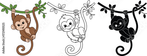 Monkey hanging from tree branch cartoon illustration vector