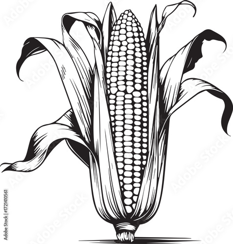 Ear of Corn: A detailed black and white illustration of a vibrant ear of corn, with its husk open to reveal rows of kernels and green leaves.