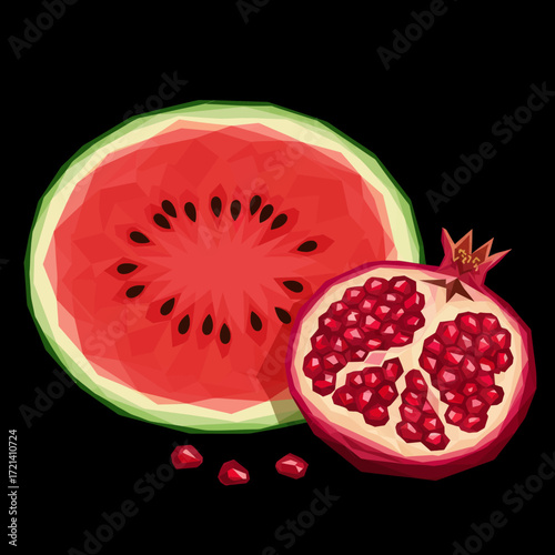 Vibrant low-poly illustration of a ripe pomegranate cut in half next to a slice of watermelon, a fresh and healthy fruit combination perfect for a natural and organic theme