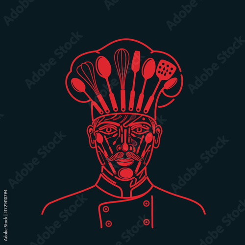 Abstract Culinary Chef Illustration - Red Line Art on Dark Background