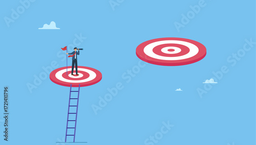 Businessman climb up ladder reaching goal and looking for next bigger step. Challenge achievement or higher target, the way forward or next level, bigger business goal or aspiration.