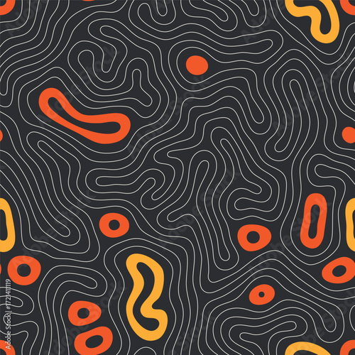 Vector seamless pattern. Free form organic shapes. Stylish structure of natural spots. Hand drawn abstract background. Can be used as swatch. Creative linear print with colourful spotty accents.