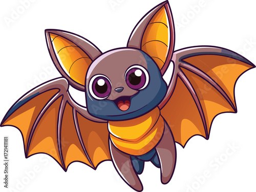 Adorable cute cartoon bat with big eyes and orange wings flying happily in the night sky for halloween