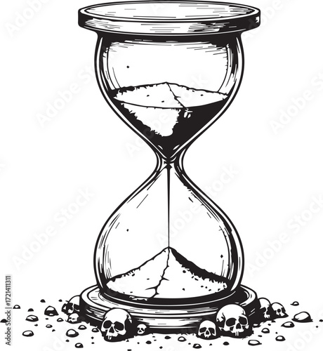 Time's Passage and Mortality's Embrace: An hourglass stands as a timeless symbol, sand trickling down in a thought-provoking illustration, hinting at the transient nature of life.