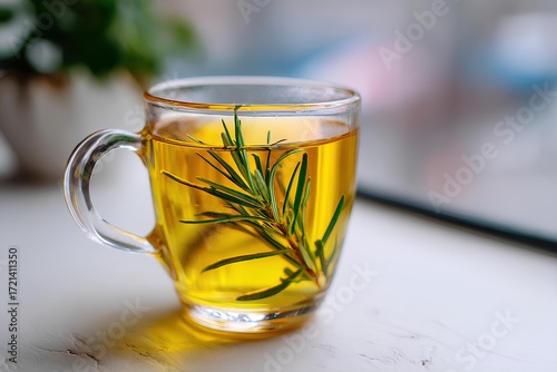 Transparent glass cup filled with herbal tea infused with fresh rosemary leaves, placed on a light surface, showcasing a calming beverage experience with natural elements