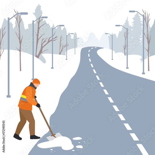 Snow removal on a public road by a man with a plow in winter for safety and access on an urban motorway. Worker clearing frost and ice on the city street asphalt or highway with a truck or tractor