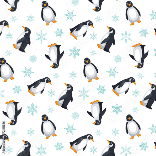 Snowflakes and penguins on a white background.Vector seamless pattern with penguins and snowflakes on a white background.