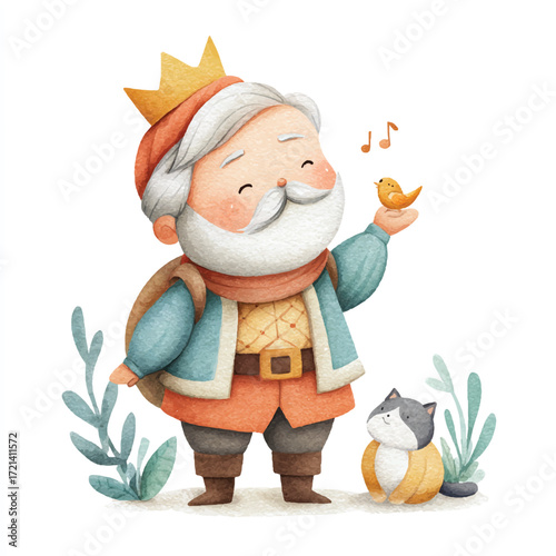 Charming cartoon king with a crown singing happily with a bird.