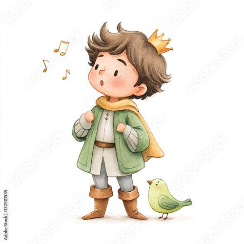 Charming Cartoon Prince with Bird and Musical Notes.