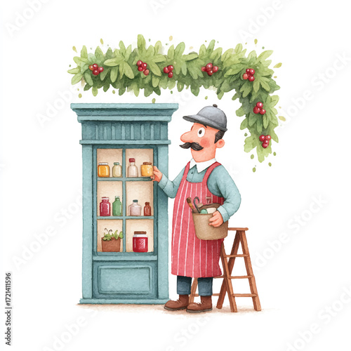 Charming cartoon shopkeeper with a mustache on a ladder.