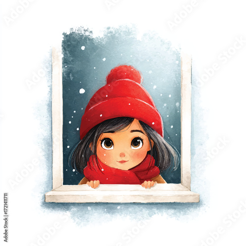 Charming Girl in Red Hat Gazing Out Window at Winter Snowfall.