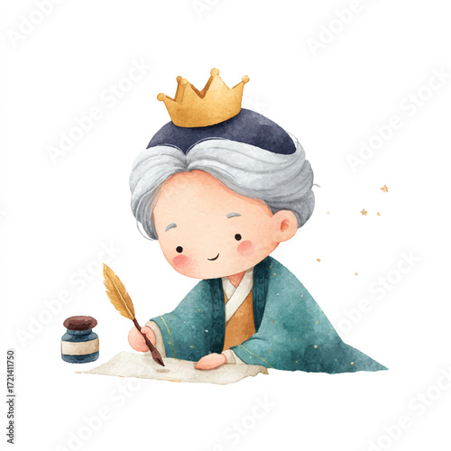Charming Illustration of a Queen Writing with Quill and Ink.