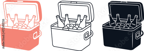 Cooler with beer bottles and ice vector illustration set