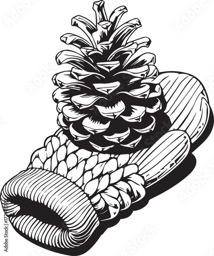 Cozy Winter Still Life: A hand-drawn illustration captures the charm of winter, depicting a cozy mitten embracing a textured pinecone, evoking warmth and the simple pleasures of the season.