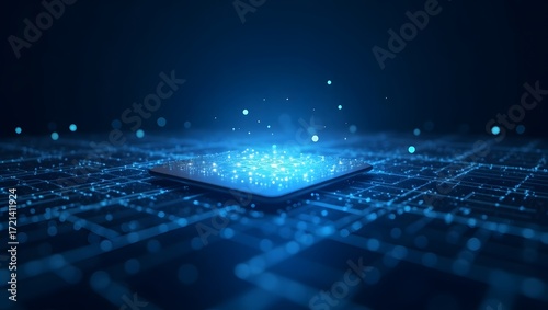 A glowing futuristic computer chip surrounded by intricate digital circuitry, representing the core of modern technology and innovation