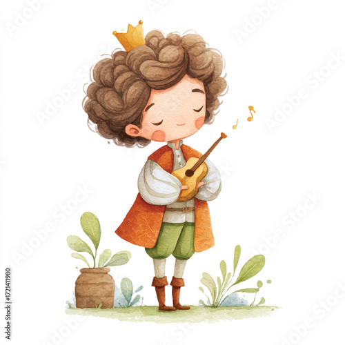 Charming watercolor illustration of a young prince playing a string instrument.