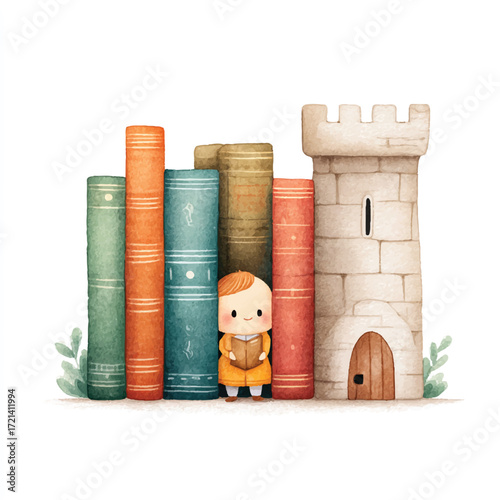 Charming Watercolor Illustration of Books, a Toy Figure, and a Castle Tower.