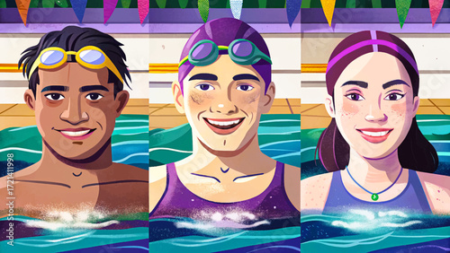 Vector cartoon of male and female swimmers in action, water splash, sports competition, athletic performance, healthy lifestyle.