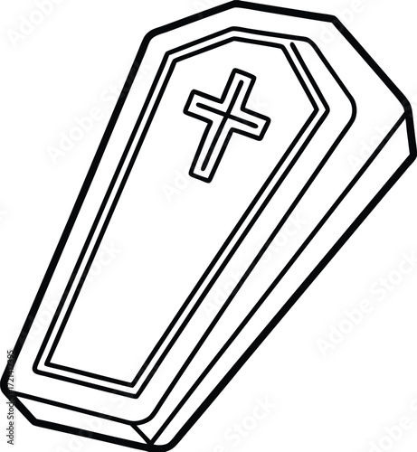 Simple outline of a coffin with a christian cross symbol on top iconic funeral symbol for halloween or gothic themes