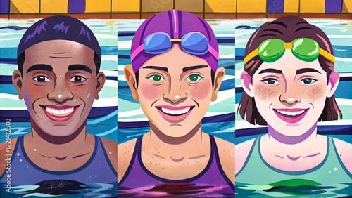 Vector cartoon of male and female swimmers in action, water splash, sports competition, athletic performance, healthy lifestyle.