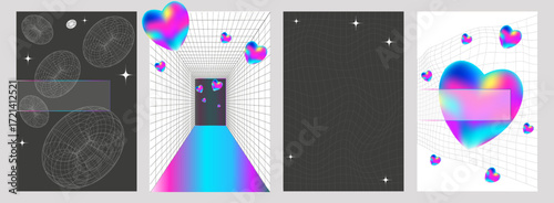 Trendy Y2K abstract posters with 3D wireframe grids, neon gradients and holographic hearts. Perfect for futuristic design, digital art, retro cyber style, covers, templates and creative projects.
