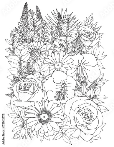Coloring page for adults and children. Bouquet of flowers.