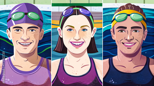 Vector cartoon of male and female swimmers in action, water splash, sports competition, athletic performance, healthy lifestyle.