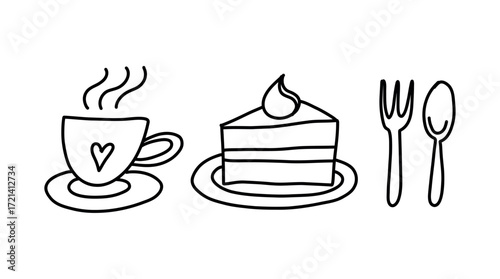 Line art sketch of cute coffee or tea cup, cake slice and a fork and spoon. Cozy cafe moments, sweet indulgences doodle illustration.