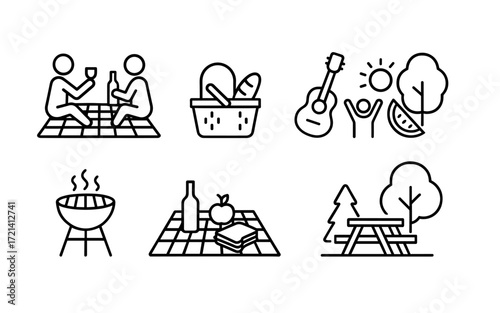 Set of picnic and outdoor leisure icons with food, wine, barbecue grill, trees, blanket, guitar and people. Black outline vector illustrations on white background. Summer recreation and park activity 