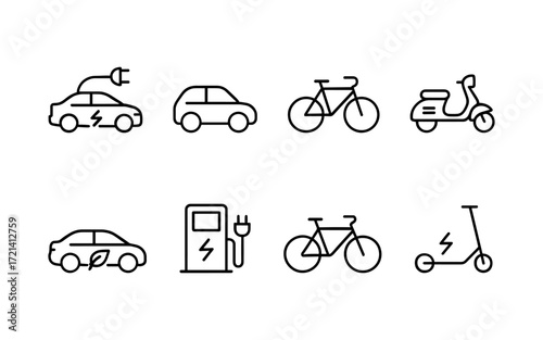 Set of eco transport and electric vehicle icons including car, bicycle, scooter, moped and charging station. Black outline vector illustrations on white background.
