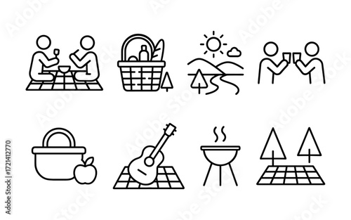 Set of picnic and outdoor leisure icons with food, wine, barbecue grill, trees, blanket, guitar and people. Black outline vector illustrations on white background. Summer recreation and park activity 