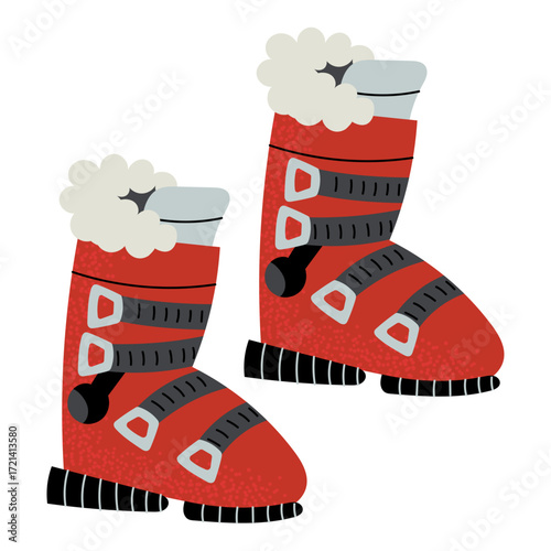 Red ski boots with buckles and fluffy lining. Winter and autumn shoes. Cozy shoes. 
