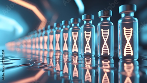 an illustration of a row of vaccine vials containing a DNA strand, symbolizing a breakthrough in medical science. The vials glow, highlighting the crucial genetic information