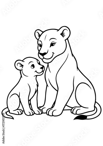 Black and white vector of mother lioness with cub. Cute safari animals illustration for engrave, laser engrave, prints and creative projects