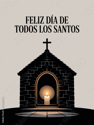 Feliz Día de Todos los Santos with Candle and Chapel Illustration