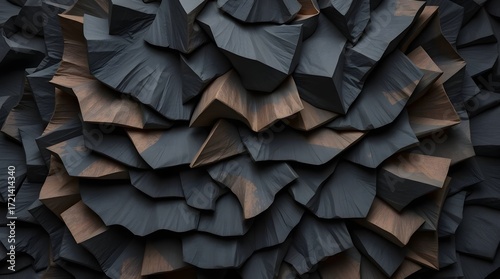 Overhead bird's eye view of a stack of textured wooden pieces, grey and golden stones, bold black