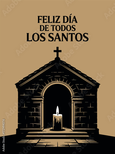 Feliz Día de Todos los Santos with Candle and Chapel Illustration