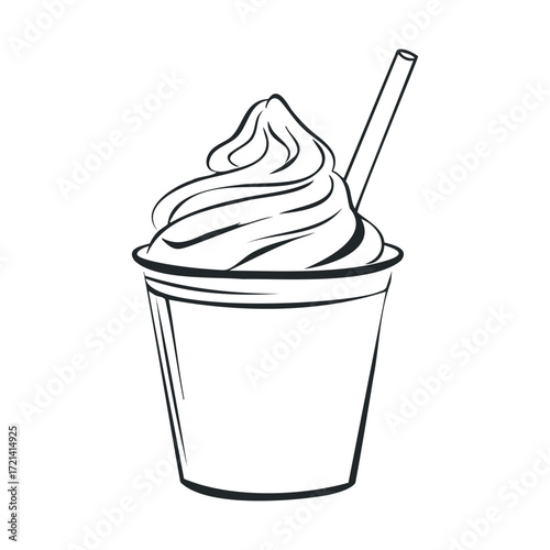 Soft serve ice cream dessert in a cup with a straw. Vector illustration
