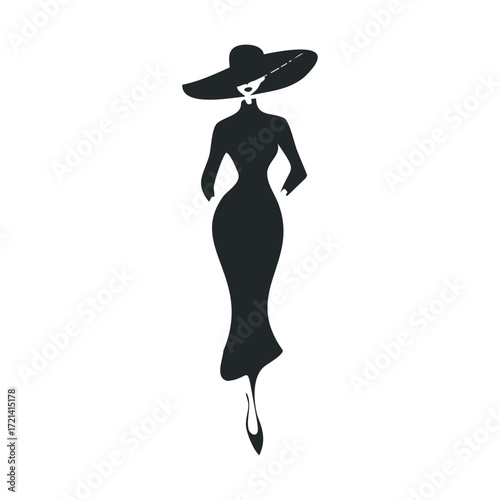 Elegant woman in a flattering dress and wide brimmed hat. Vector illustration