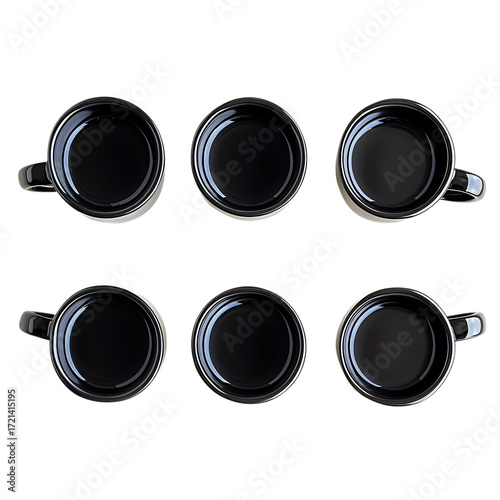Eight Black Coffee Mugs Top View Dark png