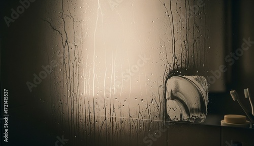 Bathroom mirror fogged up after hot shower, cinematic condensation effect.