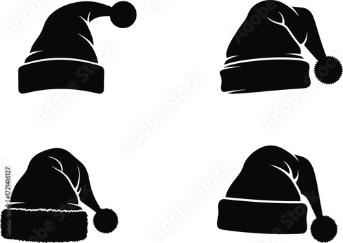 Santa hat silhouette set, fluffy brim and pom-pom, festive holiday headwear, Christmas fashion icon, black and white illustration, seasonal accessory design